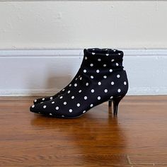 Never Worn. Betsey Johnson Sock Ankle Booties In A Baby And White Polka Dot Print With A Pointed Toe And Kitten Heel. They Look So Cute Paired With Boot Cut/Wide Leg Jeans. Casual Fitted Ankle Booties, Spring High Ankle Fitted Booties, Spring Fitted High Ankle Booties, Fitted High Ankle Spring Booties, Fitted High Ankle Booties For Spring, Casual High Ankle Fitted Booties, Cut Wide Leg Jeans, Sock Ankle Boots, Sequin Boots