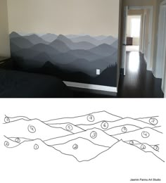 an image of a bedroom with mountains painted on the wall and below it is a bed