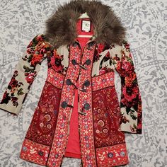 This Jacket Is A Showstopper! Expect Compliments Galore! The Toggle Fastenings Show Slight Wear As Pictured. Zipper Closure. Designer Fall Floral Print Outerwear, Designer Floral Print Fall Outerwear, Fitted Winter Outerwear With Floral Print, Winter Floral Print Fitted Outerwear, Winter Red Floral Print Outerwear, Red Floral Print Winter Outerwear, Fitted Red Embroidered Outerwear, Faux Fur Collar, Fur Collar