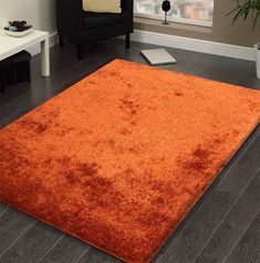 an orange area rug in a living room