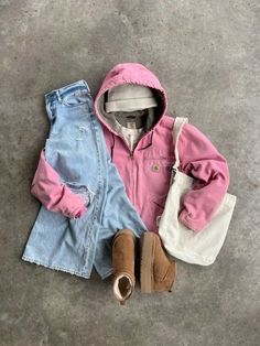 Embrace the perfect blend of cozy and stylish with this laid-back outfit idea! Featuring a soft pink hoodie layered over a beanie and paired with a distressed denim skirt, classic mini UGG boots, and a casual tote bag. Ideal for cool fall days when you want to stay warm but cute. #FallOutfitInspo #CasualStyle #PinkHoodie #DenimSkirt #UGGOutfit #ComfyChic #LayeredLooks #CozyVibes Pink Carhartt Jacket, Carhartt Jacket Outfit, Pink Carhartt, Simple Streetwear, Ames Iowa, Outfit Inspo Casual, Cute Comfy Outfits, Swaggy Outfits, Cute Everyday Outfits