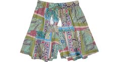 Multicolor Hippie Shorts For Vacation, Multicolor Boho Print Beach Bottoms, Bohemian Printed Summer Shorts, Bohemian Multicolor Spring Shorts, Bohemian Multicolor Print Bottoms For Vacation, Multicolor Boho Print Summer Bottoms, Multicolor Floral Print Cotton Shorts, Green Bohemian Shorts For Summer, Bohemian Multicolor Print Bottoms For Beach