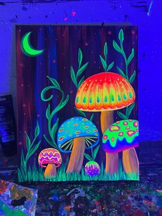 an acrylic painting of two mushrooms in the forest at night with moon and stars