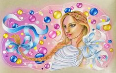 a painting of a woman with braids and blue bows on her head, surrounded by bubbles