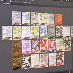 a computer screen with several different types of flyers on it's display wall, all in various colors and sizes