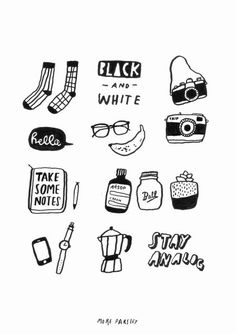 black and white stickers with various items on them