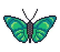 an image of a butterfly pixelated in green and black on a white background,