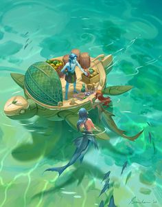 two people are riding on a turtle boat in the water with fish around them and one person is looking at something