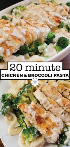 chicken and broccoli pasta on a white plate with the words creamy garlic chicken and broccoli pasta