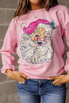 Olivia Mark - Cozy Pink Claus Graphic Sweatshirt for Ladies Formal Dress Jacket, Drop Shoulder Sweatshirt, Short Loungewear, Dropped Shoulder Sweatshirt, Cardigan Sweater Jacket, Graphic Tops, Sweater Tank Top, Plus Size Sweaters, Cardigan Sweaters For Women