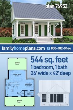 the floor plan for this small house is shown in blue and white, with green shutters