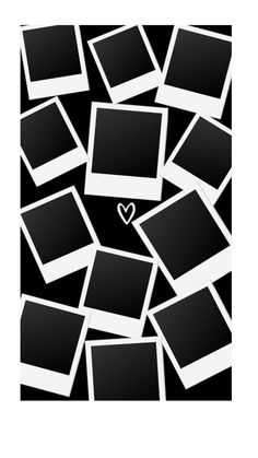 many black and white polaroid frames with a heart in the middle