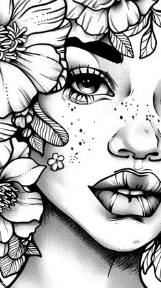 a drawing of a woman with flowers on her face