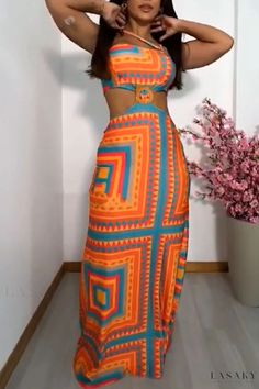 Lasaky - Chic Everyday Halter Dress with Stylish Mixed Prints and Elegant Contrasts Multicolor Cutout Dresses For Summer, Multicolor Cutout Summer Dresses, Summer Multicolor Cutout Dresses, Bohemian Cutout Maxi Length Dress, Orange Cutout Dress For Summer, Orange Cutout Summer Dress, Summer Orange Cutout Dress, Colorful Orange Beach Dress, Halter Dresses