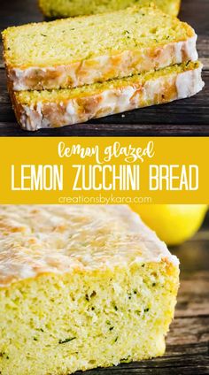 lemon zucchini bread is cut in half and stacked on top of each other