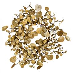 a bunch of gold colored leaves on a white background