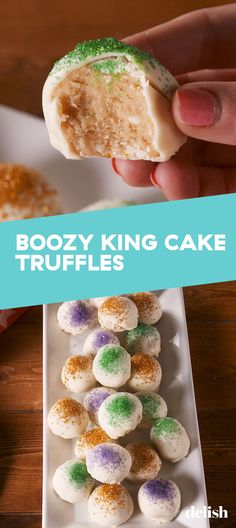 a person holding up a piece of cake with sprinkles on it and the words boozy king cake truffles