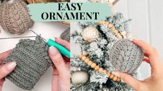 crochet christmas tree ornament made with yarn and wood beads, easy to make