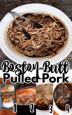 the best pulled pork recipe is shown in this collage with instructions for how to cook it