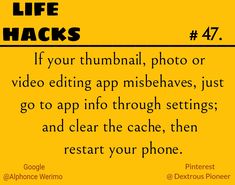 a yellow sign that says life hacks if your thumbnail, photo or video editing app