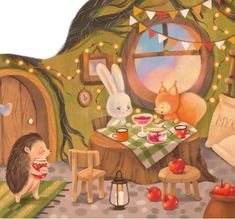 a painting of a hedgehog eating at a tea party with other animals in the background