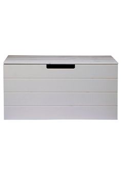 a white chest with black handles on it's sides and drawers in the front