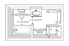 a bathroom floor plan with measurements for the bathtub, sink and toilet area in it