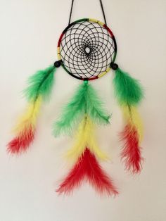 a colorful dream catcher hanging on a wall with an eye in the center and feathers around it