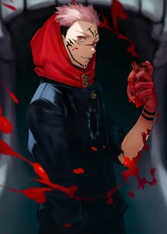 an anime character with pink hair and red hoodie holding something in his right hand