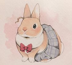 a drawing of a rabbit wearing a sweater and bow tie