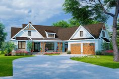 this is an artist's rendering of a house in the country style with two car garages