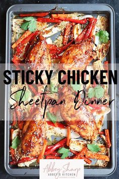 sticky chicken sheet pan dinner with text overlay