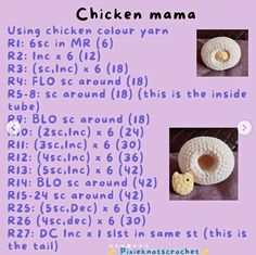 instructions for crochet chicken mamma, with pictures of the top and bottom