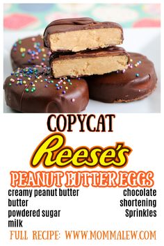 chocolate peanut butter eggs Reese's Recipes, Peanut Butter Eggs Recipe, Easter Candy Recipes, Reese Peanut Butter Eggs, Peanut Butter Easter Eggs, Peanut Butter Eggs, Easter Brunch Food, Appetizers Easy Finger Food, Peanut Butter Desserts