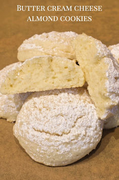 Butter cream cheese almond cookies dusted with powdered sugar. Almond Cream Cheese Cookies, White Chocolate Almond Cookies, Almond Flavored Sugar Cookies, Cream Cheese Shortbread Cookies, Soft Almond Sugar Cookies, Cinnamon Cream Cheese Cookies, Easy Almond Butter Cookies, Crave Cookies Recipe, Almond Extract Recipe Desserts