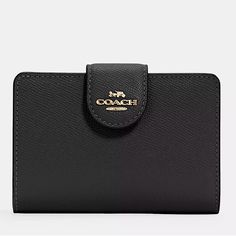 Black Coach Wallet Nwt Black Bifold Wallet With Snap Closure, Chic Coach Bifold Wallet, Elegant Black Wallet With Rfid Blocking, Elegant Compact Coach Wallet, Coach Black Wallets With Card Slots, Black Coach Wallets With Card Slots, Classic Coach Wallets For Daily Use, Coach Black Evening Wallet, Modern Coach Wallets