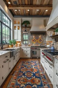 a kitchen with an area rug on the floor next to the sink and stove top