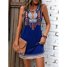 Non-stretch Bohemian Sundress For The Beach, Casual Summer Mini Dress With Boho Print, Printed Shift Mini Dress For Vacation, Shift Mini Dress For Beach In Summer, Bohemian Knee-length Sundress For Vacation, Bohemian Knee-length Summer Sundress, Bohemian Shift Mini Dress, Summer Printed Mini Boho Dress, Printed Boho Mini Dress For Summer