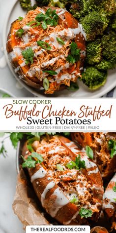 two plates filled with stuffed sweet potatoes covered in sauce and topped with broccoli