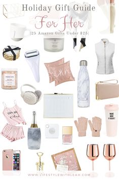 the ultimate holiday gift guide for her with pink and gold accessories, gifts, and more