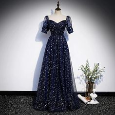 Navy Short Sleeves Long Formal Occasion Dress Blue Starry Dress, Celestial Ball Gown, Celestial Prom Dress, Sweet Heart Neckline Dress, Starry Night Gown, Night Sky Dress, Heart Neckline Dress, Starry Dress, Bridgerton Dresses