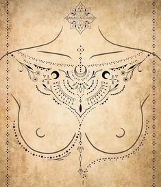 an ornate design on the back of a woman's breast, with dots and swirls