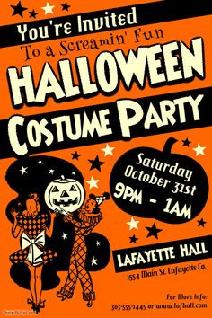 an orange and black halloween costume party poster