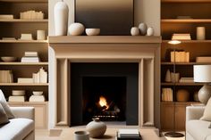 a living room filled with furniture and a fire place next to a book shelf full of books