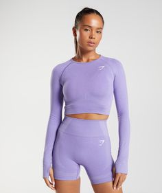 Gymshark Vital Seamless 2.0 Crop Top - Digital Violet Marl | Gymshark Gymshark Vital Seamless, Gymshark Women, Cropped Tops, Long Crop Top, Purple Fashion, Seamless Leggings, Time Out, Body Fit, Gym Outfit