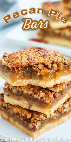 three pieces of pecan pie bars stacked on top of each other with text overlay