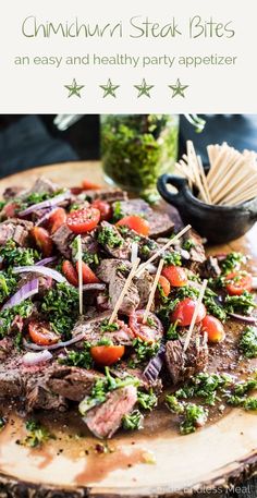 steak and vegetables on a wooden board with text overlay that reads, gnocchini steak bites an easy and healthy party appetizer