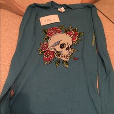 Authentic Nwt Ed Hardy Long Sleeve Tee/Tunic Applied Rhinestones Skull & Roses $78 New No Stains, Rip Or Spots Ed Hardy Long Sleeve, Koi Tattoo Sleeve, Hooded Long Sleeve Shirt, Blue Skull, Mesh Long Sleeve Top, Blue Skulls, Small Lady, Thermal Shirt, Thermal Long Sleeve