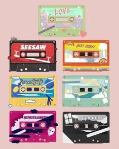 four cassette tapes with the words see saw in different colors and sizes, all stacked on top of each other