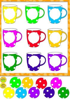 colorful coffee mugs with polka dots on them are shown in the shape of an orange frame